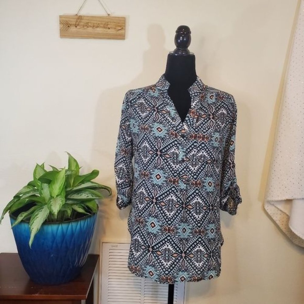 Dina Be Women's Blouse, Tribal Print Blue, Small